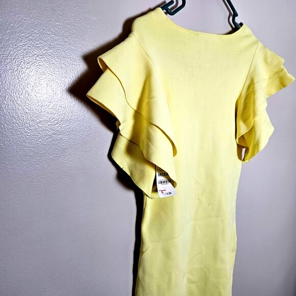 NWT INC Femme Flora Stretchy Flutter Sleeve Mini Dress in Yellow Pear Sz Medium - Picture 9 of 14